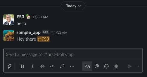 Slack channel with FS3 post hello and sample_app response Hey there @FS3