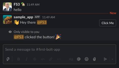 Channel mit Post 'hello' von FS3 und Antwort von sample_app in Form eines winkenden Emoji und dem Text 'Hey there @FS3', gefolgt von der Reaktion auf den Schaltflächenklick in Form der Nachricht '@FS3 clicked the button!' und einem Konfettikanone-Emoji