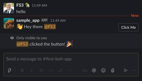 En el canal, FS3 publica un saludo y se muestra la respuesta de sample_app con un emoji de saludo y el mensaje “Hola, @FS3”; luego, se muestra una respuesta después de hacer clic en el botón: “@FS3 hizo clic en el botón”, con emoji de cañón de confeti