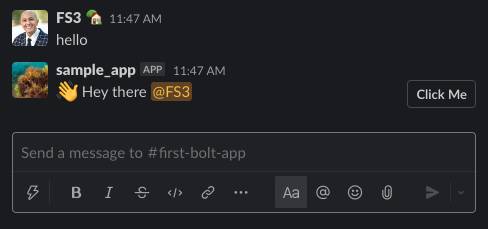 チャンネル内では、FS3 さんからの「hello」という投稿に、sample_app が手を振る絵文字と一緒に「Hey there @FS3 (@FS3 さん、こんにちは)」と応答している