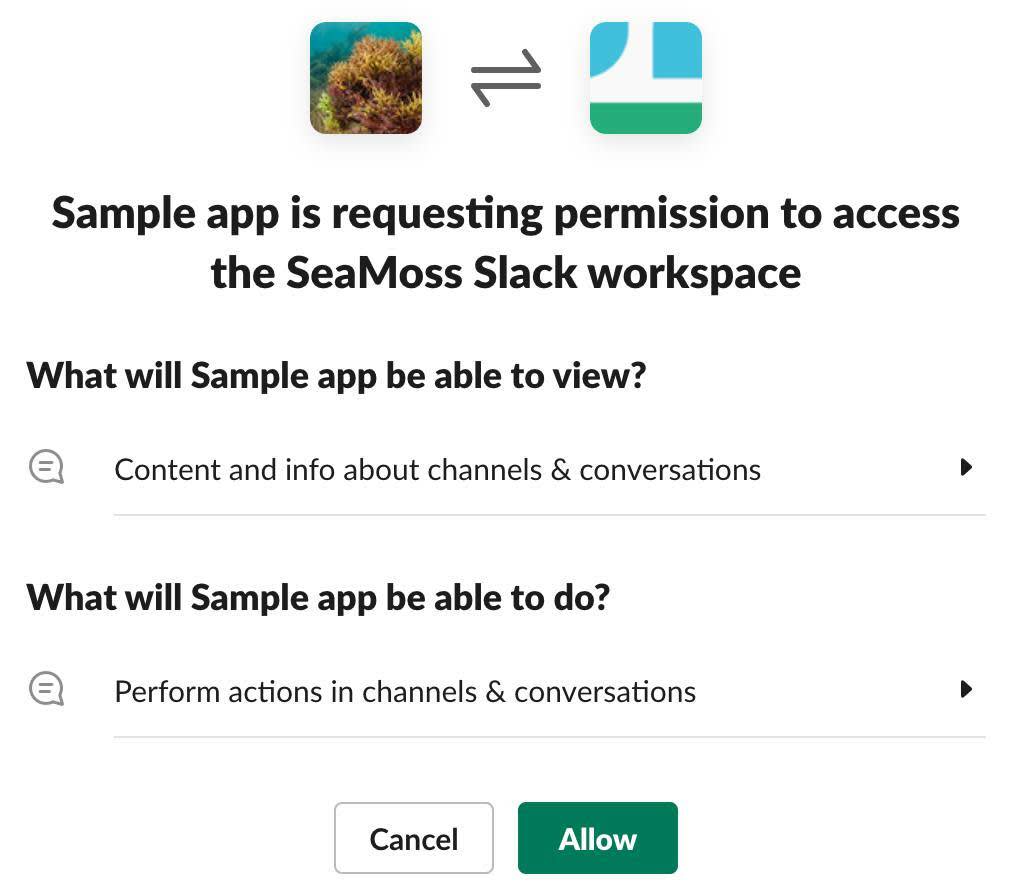 Die App 'Sample' fragt die Berechtigung zum Zugriff auf den Slack-Workspace 'SeaMoss' an