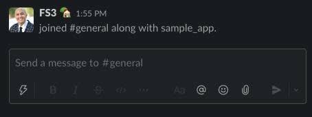 Mensaje de canal que indica que FS3 se unió a #general junto a sample_app