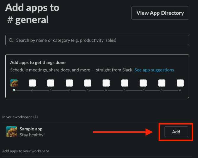 Add apps to #general with the Add button for Sample app highlighted by a red box and arrow