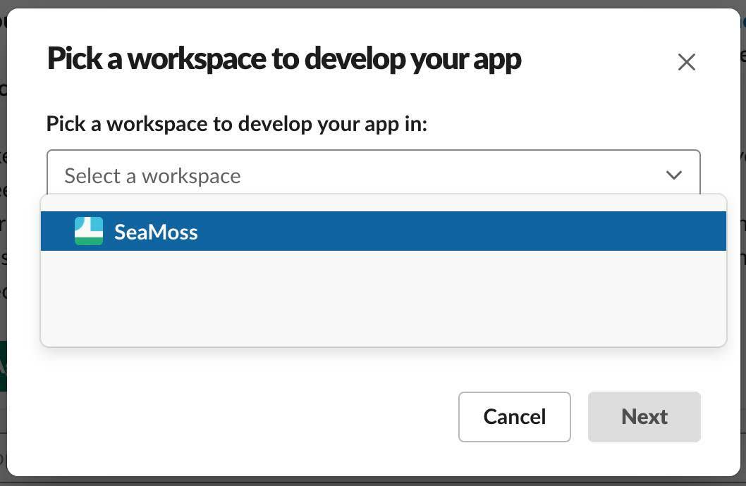 ドロップダウンで SeaMoss ワークスペースが強調されている [Pick a workspace to develop your app (アプリを開発するワークスペースを選択する)] モーダル