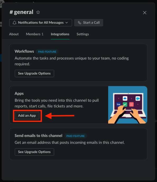#general モーダルの [Integrations (インテグレーション)] タブ。赤のボックスと矢印が [Add an App (アプリを追加する)] ボタンを示している