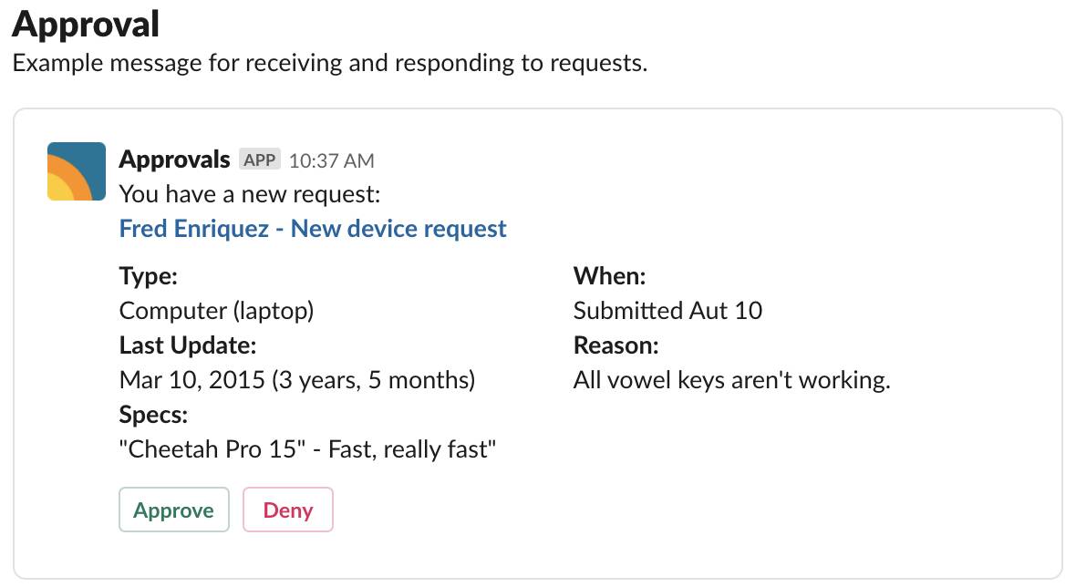 Example Approvals app message, displaying the request, details, and button options to Approve or Deny
