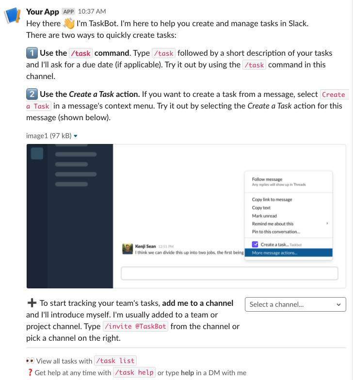 Aperçu du message d’intégration émanant de TaskBot qui présente à l’utilisateur l’utilisation de la commande /task, le mode d’emploi de l’action Create a Task (Créer une tâche) et l’ajout de TaskBot à un canal