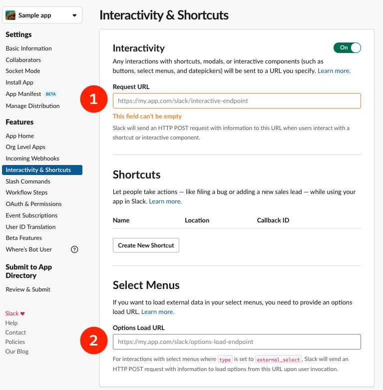 Interactivity & Shortcuts section for Sample app, with Request URL and Options Load URL highlighted by numbers as referenced above