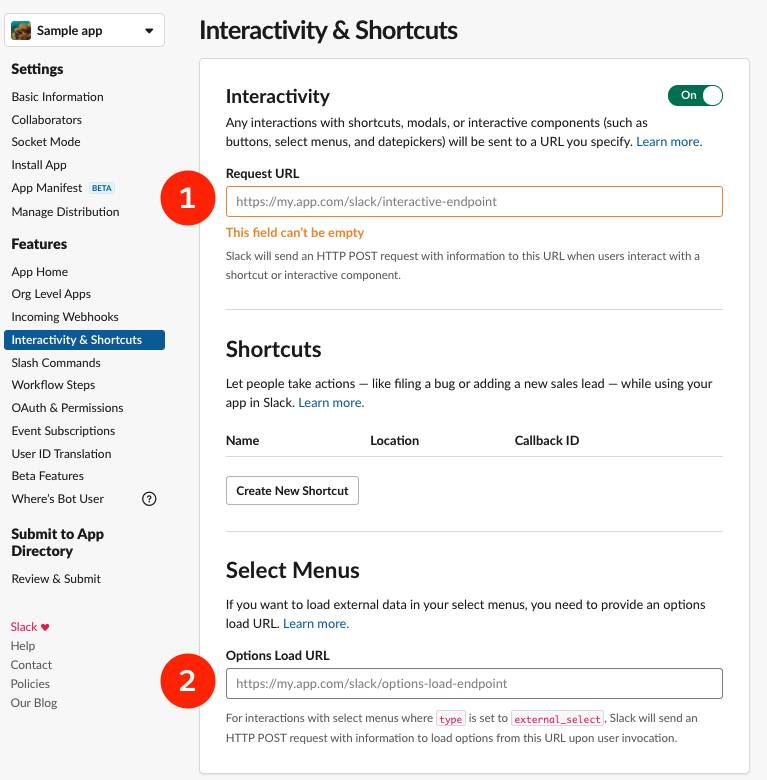 Section Interactivity & Shortcuts (Interactivité et raccourcis) de Sample app, avec Request URL (URL de requête) et Options Load URL (URL de chargement des options) mis en évidence par des numéros correspondant à ceux indiqués ci-dessus