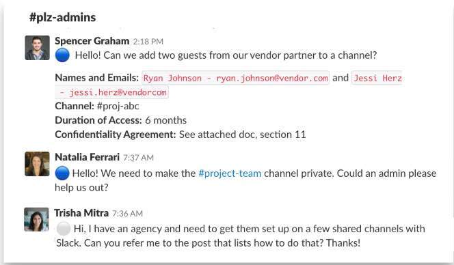 In the #plz-admin request channel, members ask to add guests, to change privacy settings, and how to set up shared channels.