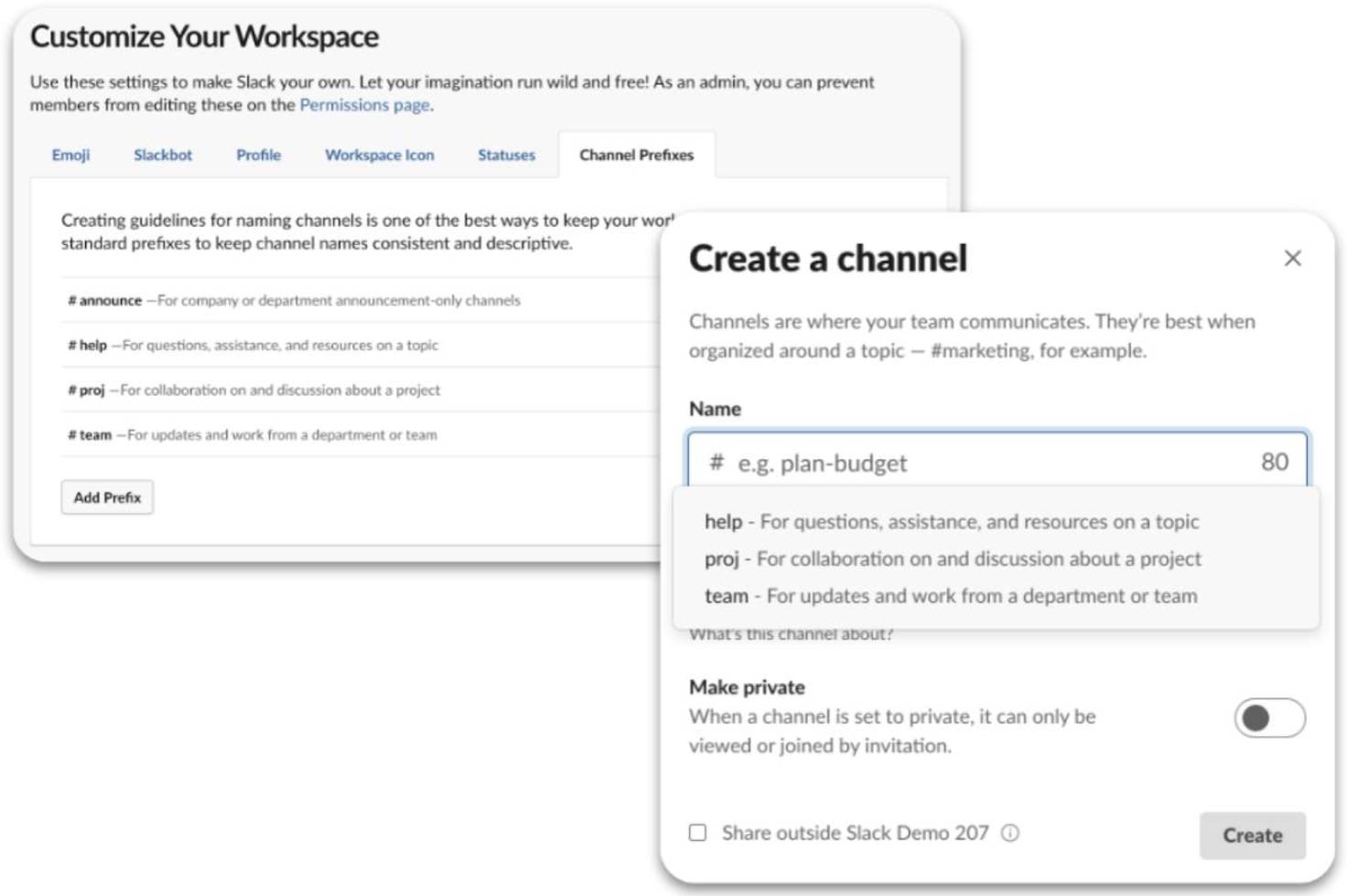 Image with prepopulated channel prefixes and how those prefixes help when creating a new channel.