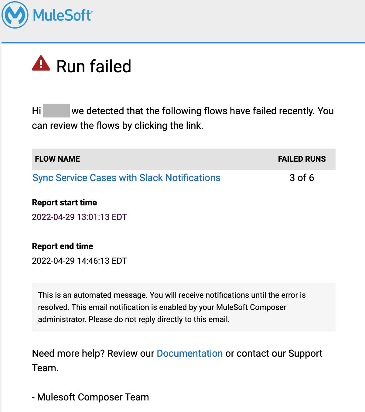 Notification reçue par e-mail au sujet d’un flux ayant échoué.