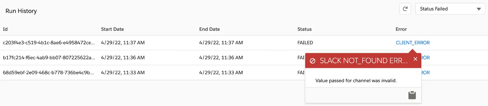 Les informations d’erreur d’une instance ayant échoué, qui indiquent qu’une valeur non valide a été transmise à un canal Slack.