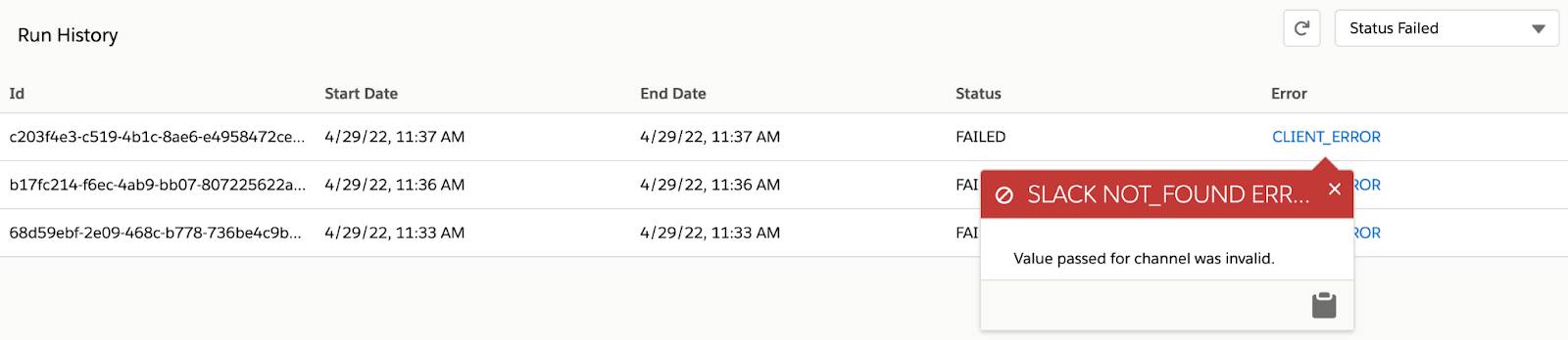 Informações de erro de uma instância com falha mostrando um valor inválido passado para um canal do Slack.