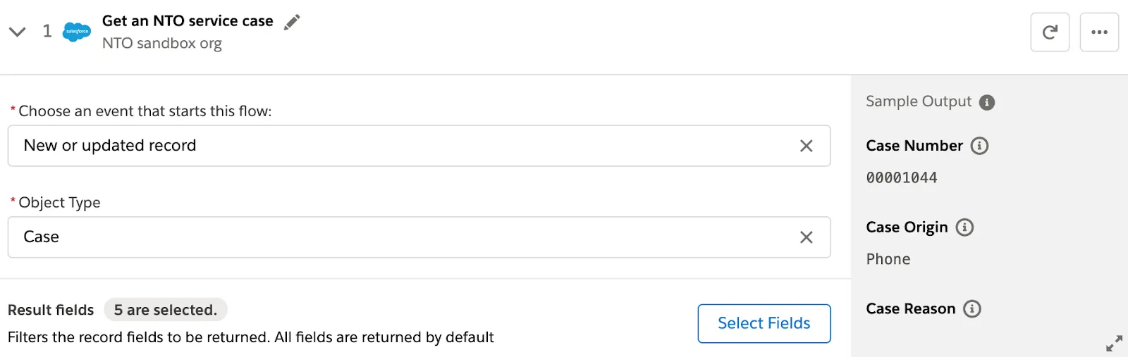 Step 1 of flow with trigger event and object type fields and Select Fields button.