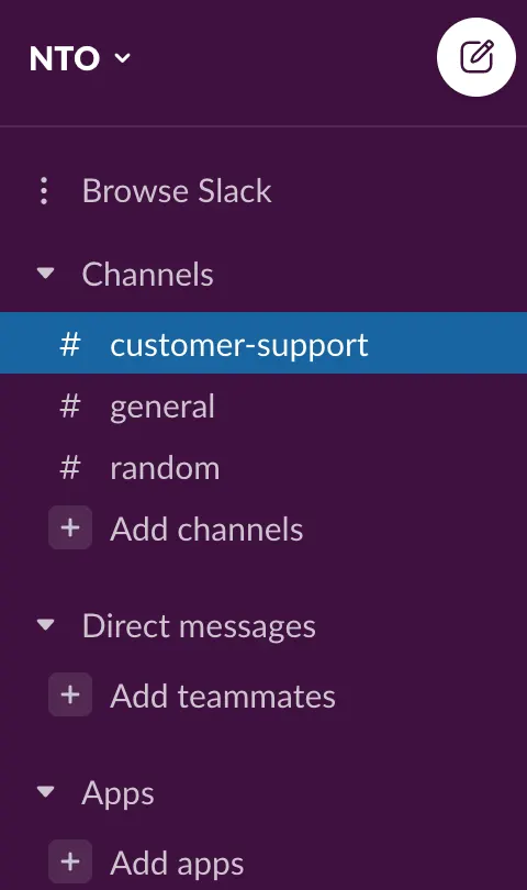 suporte-cliente como canal do Slack.