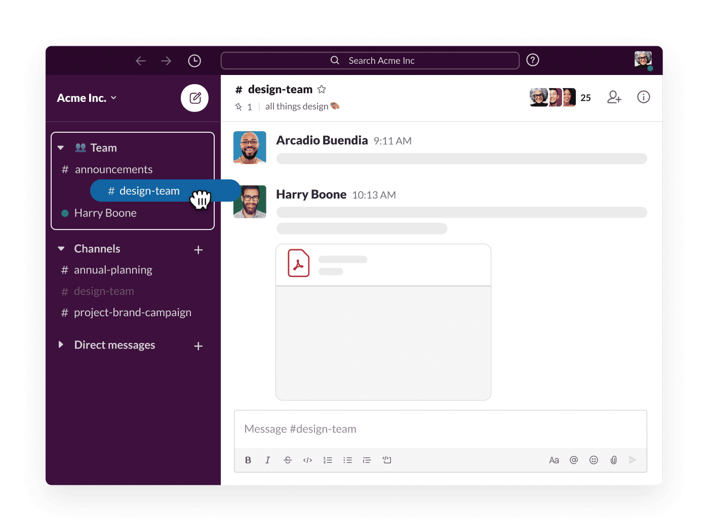 The Slack workspace, with the cursor dragging and dropping a channel to organize it