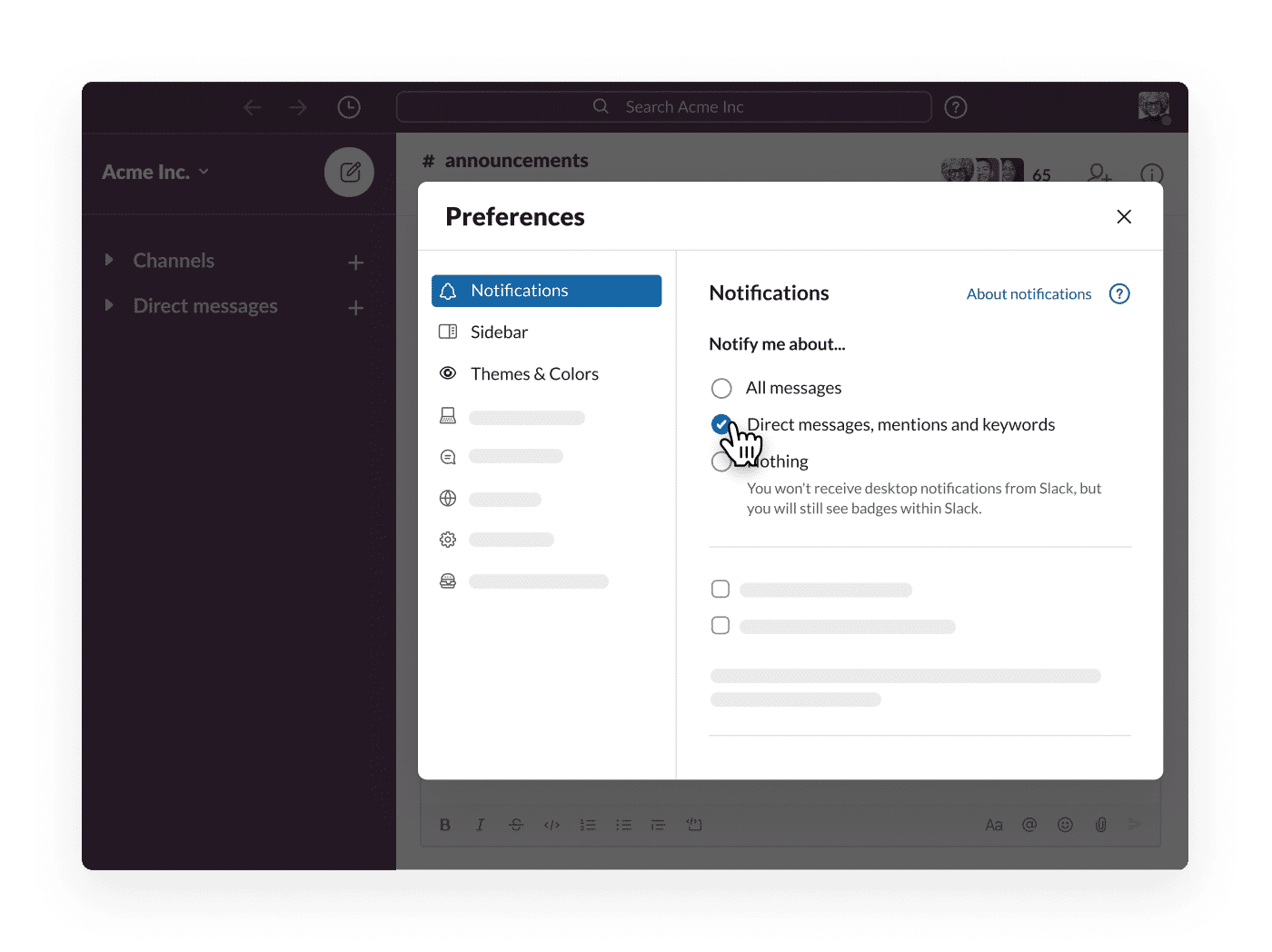 La section Preferences (Préférences) dans Slack