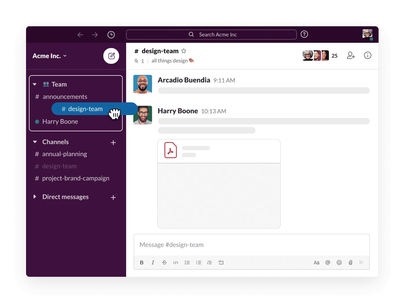カーソルでチャンネルをドラッグアンドドロップして整理する Slack ワークスペース