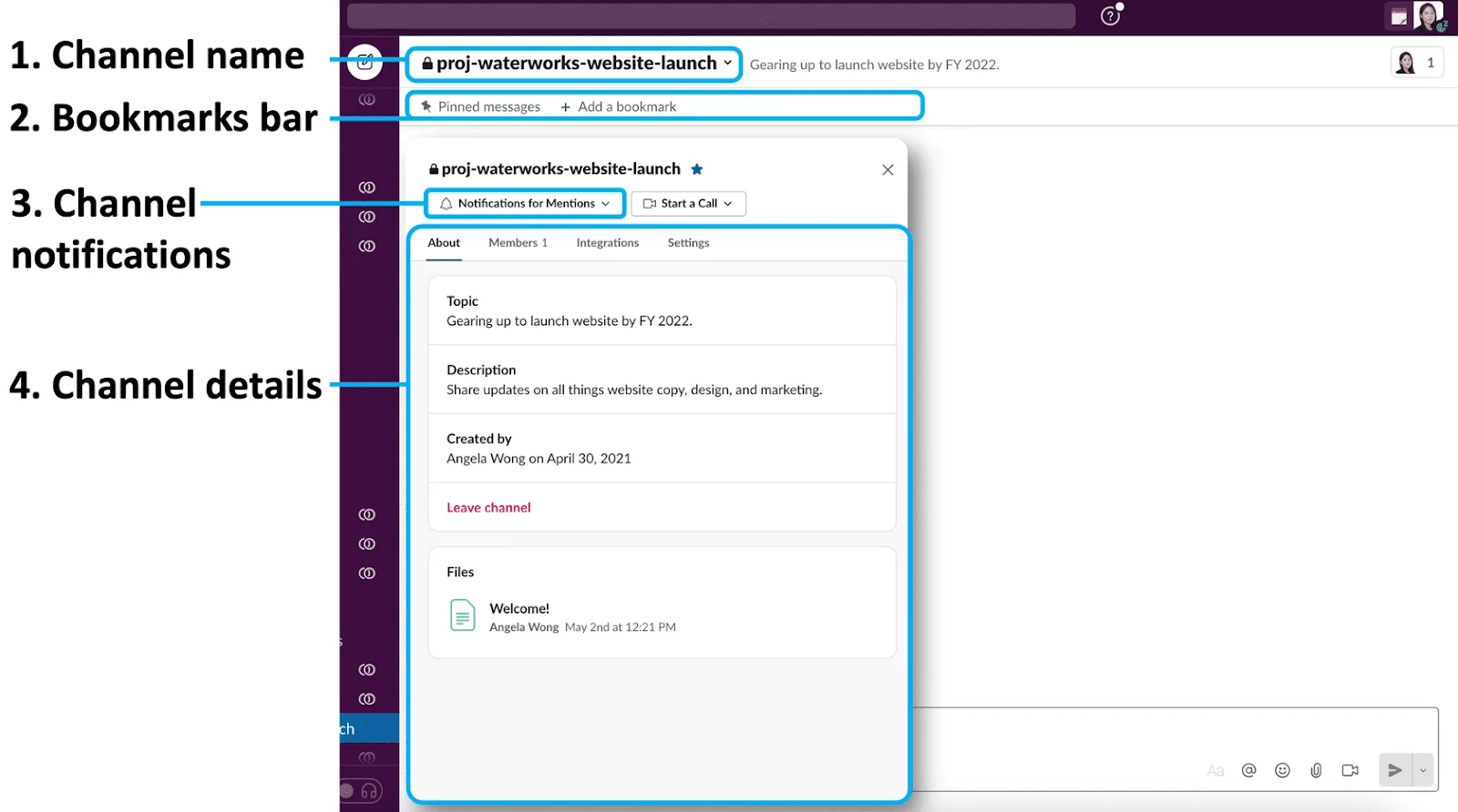 The Slack workspace, with callouts on the channel name, bookmarks bar, channel notifications, and channel details