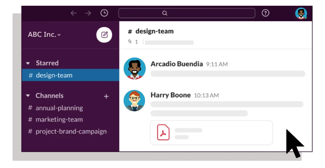 チームメンバーがファイルを共有し、デザインの最終決定についてコラボレーションしている Slack の design-team チャンネル。