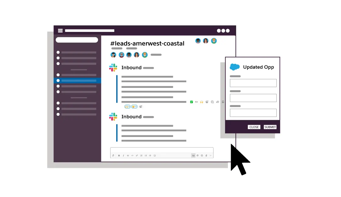 A Slack channel showing inbound leads from Salesforce, showing an automated workflow where reps can submit record updates right from Slack.