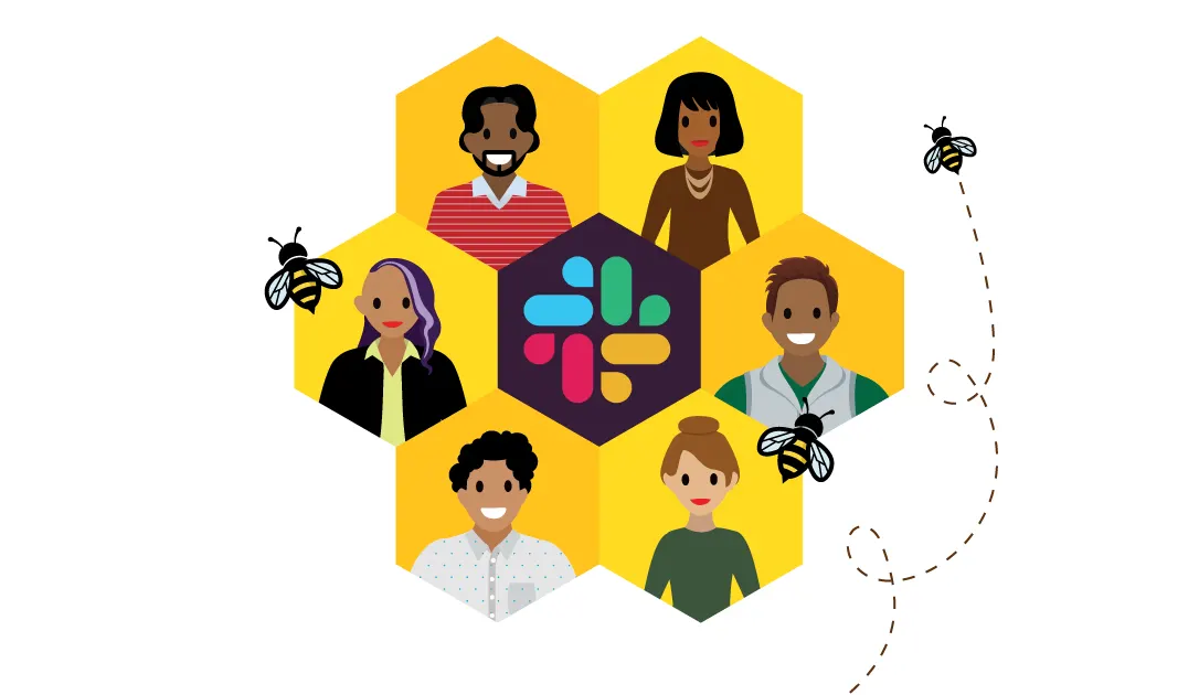 Service agents in a honeycomb pattern around the Slack logo, representing a swarm.