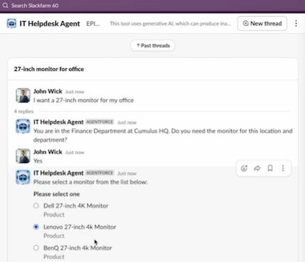 Employee selects a monitor from a list of approved models presented by the Agentforce Agent.