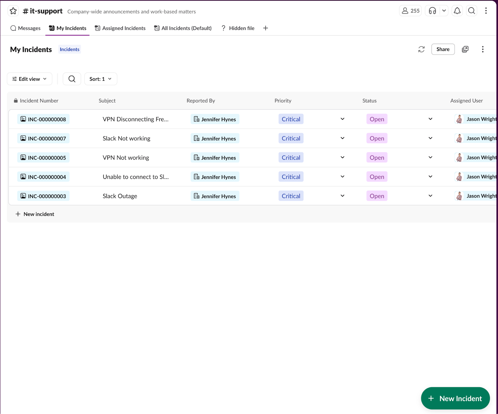 A list of incidents in the Service Cloud for Slack app.