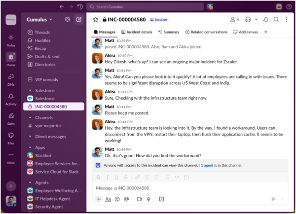 Incident record in Slack with a swarm channel for experts to collaborate.
