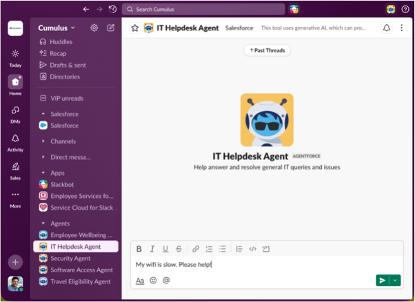 Employee requests help for slow WiFi in a Slack message.