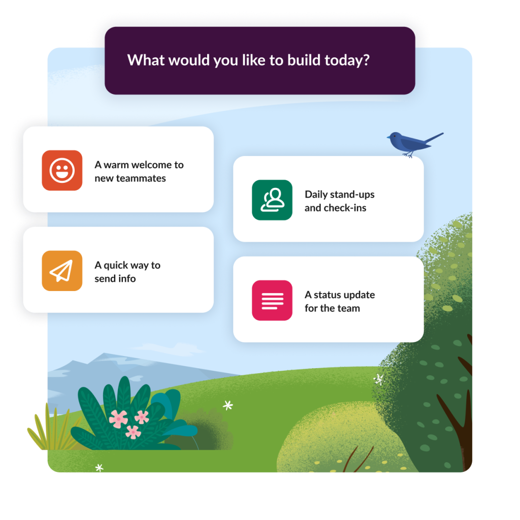 A Slack window showing an automated workflow to build for your team, with four icon choices on a blue sky background with shrubbery.