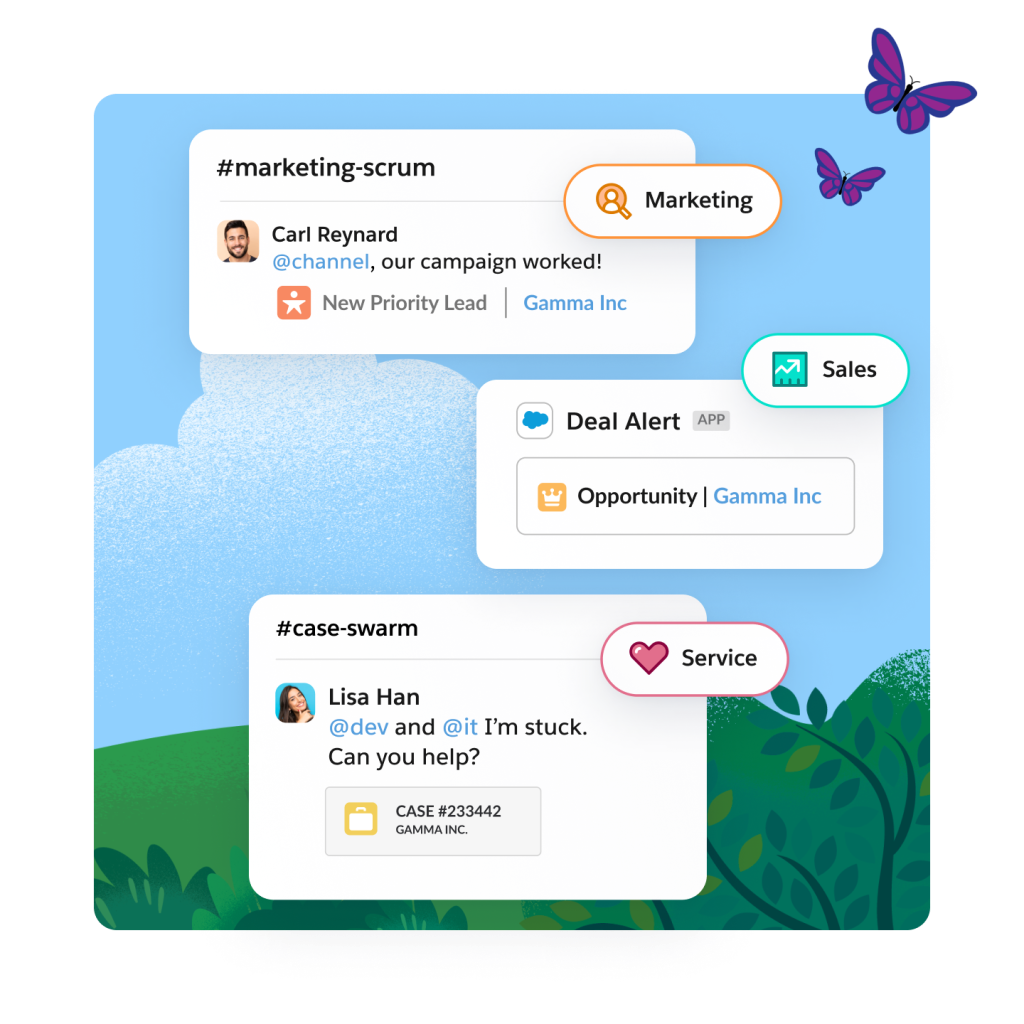 Three icon screens showcasing marketing, sales, and service inside of Slack for small business, on a blue background with grass.
