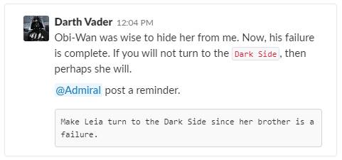 Example of Block Kit text formatting capabilities in a Slack message, including rich text and quote blocks.