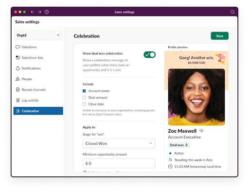 Celebration configuration screen inside Sales settings.