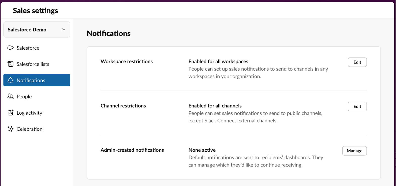 Notifications tab within Slack Sales settings.