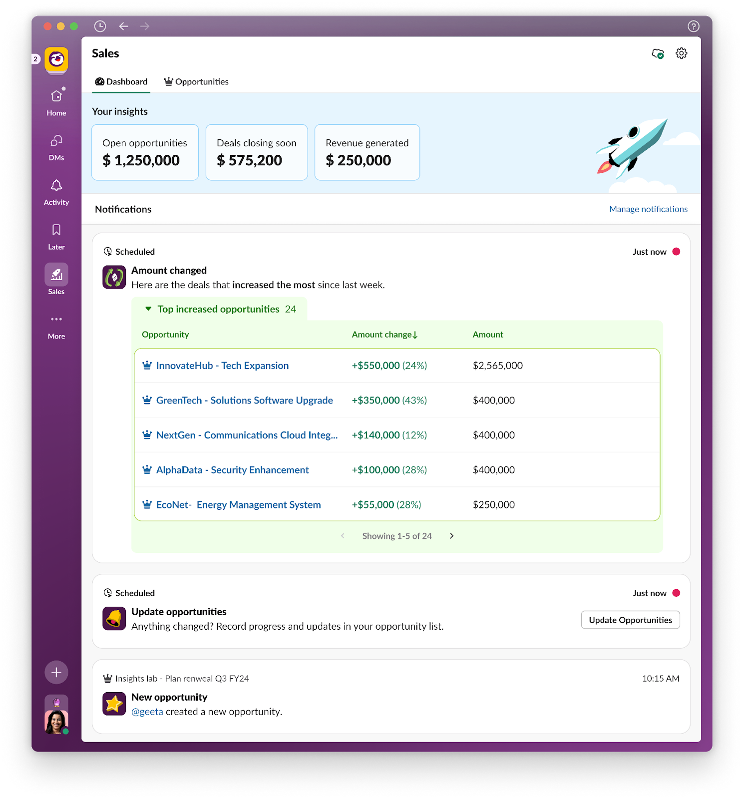 Deal insights dashboard in Manage Notifications.