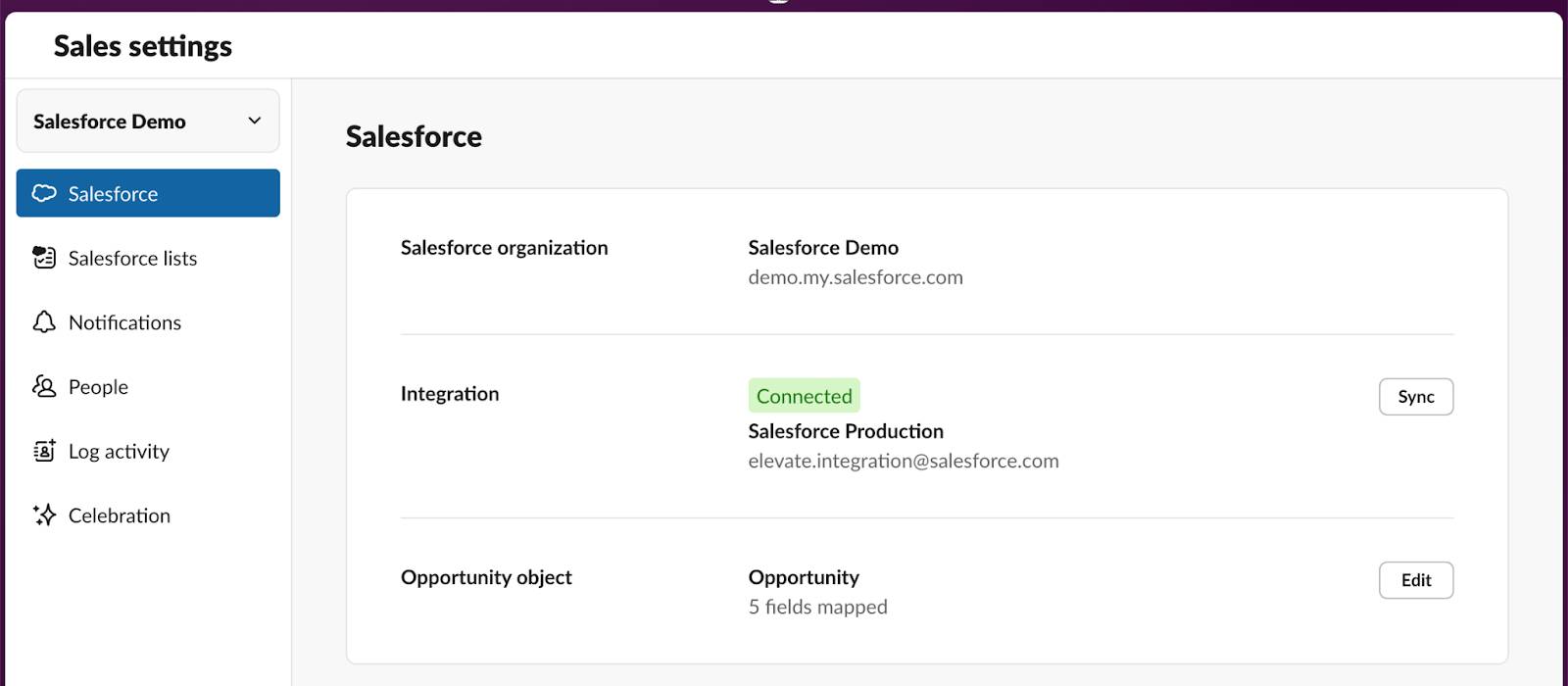 Connected status for Salesforce integration within Slack UI.