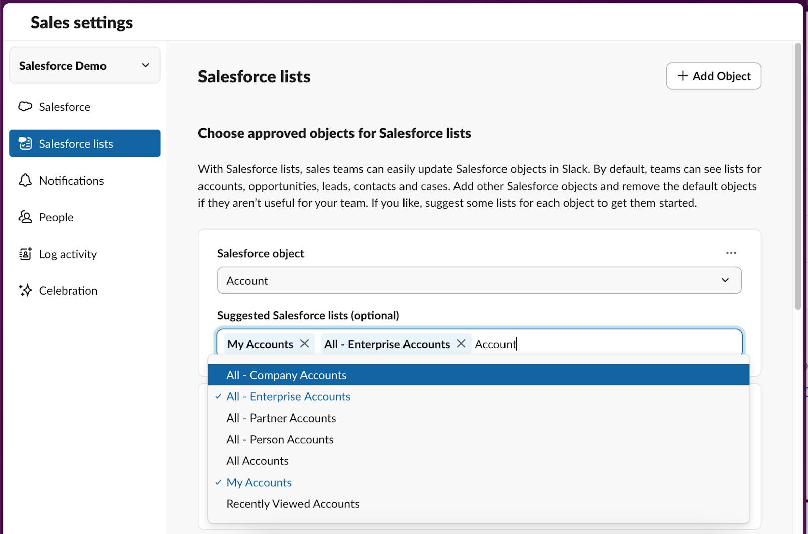 Choix des objets approuvés pour les listes Salesforce dans les paramètres de Slack Sales.