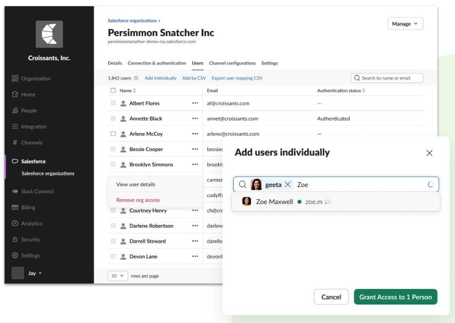 Asigne usuarios manualmente en la sección Users (Usuarios) de la opción Salesforce Organizations (Organizaciones de Salesforce).