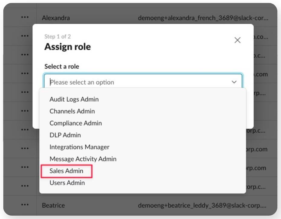 Rol de administrador de ventas en Slack.