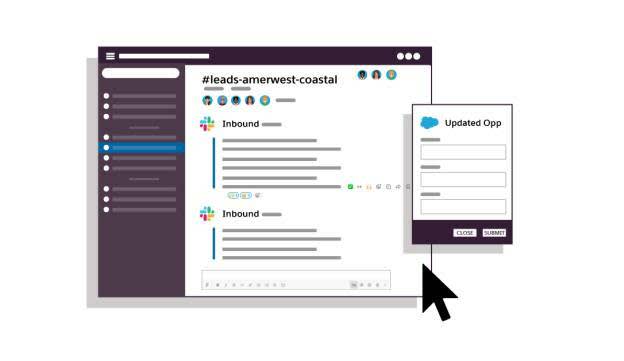 A Slack channel showing inbound leads from Salesforce, with an automated workflow where reps can submit record updates right from Slack.