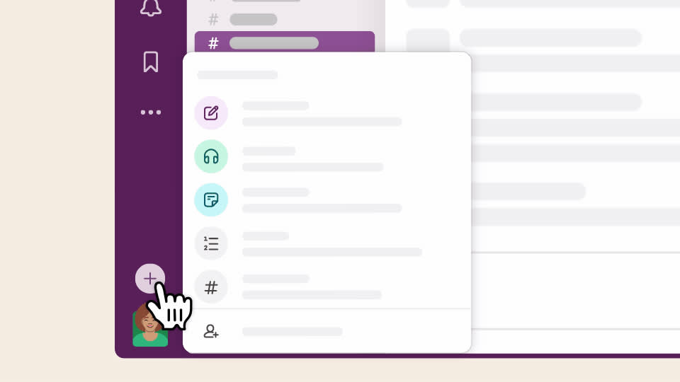 Creating a channel by clicking the plus button in Slack.