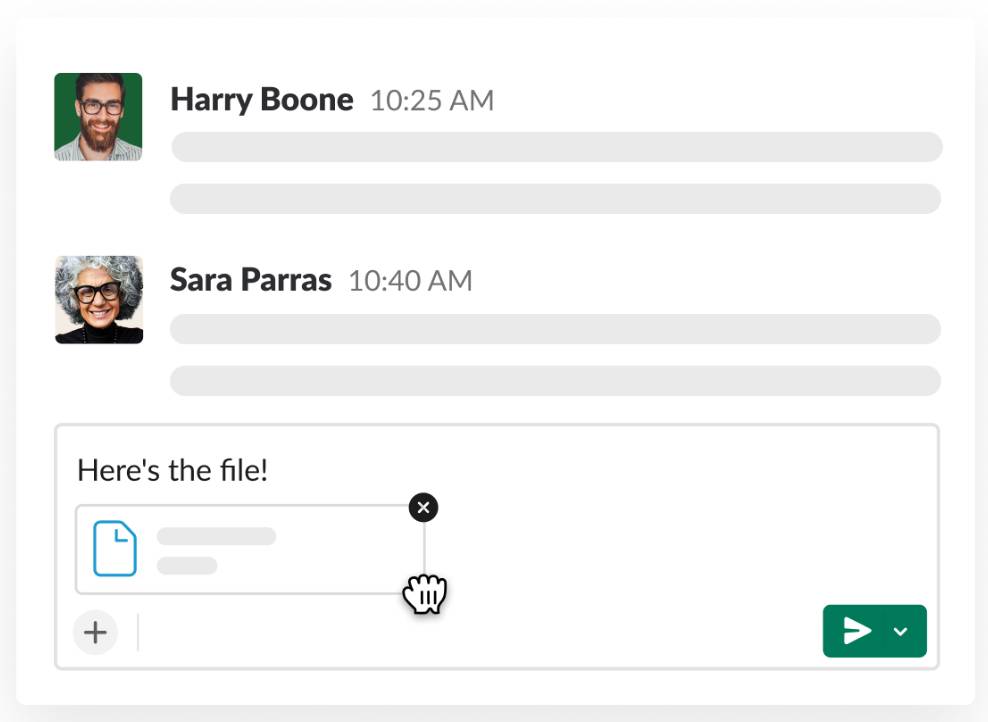 Adding a file to a conversation in Slack by dragging it into the message field.