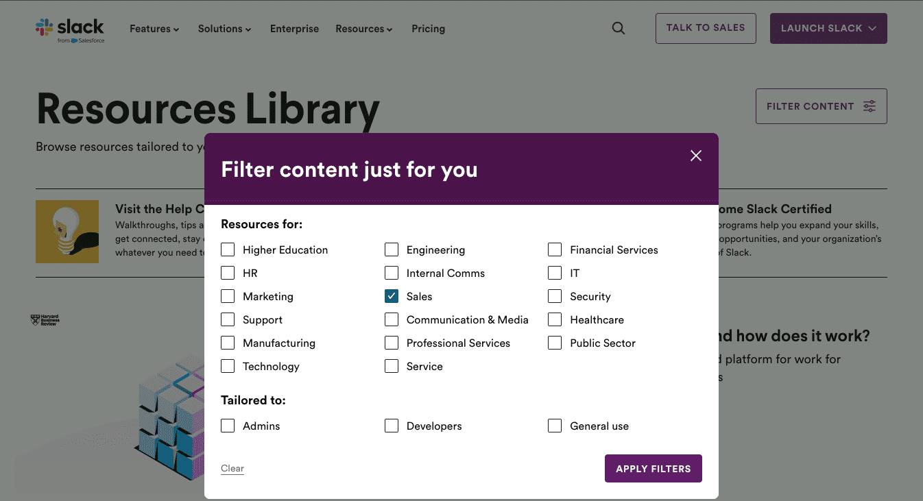 Filter content in the Slack resource library based on line of business.