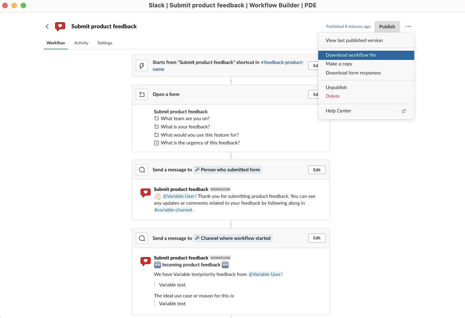 Página de fluxo de trabalho Enviar feedback do produto com o menu suspenso aberto e a opção Baixar arquivo de fluxo de trabalho em destaque