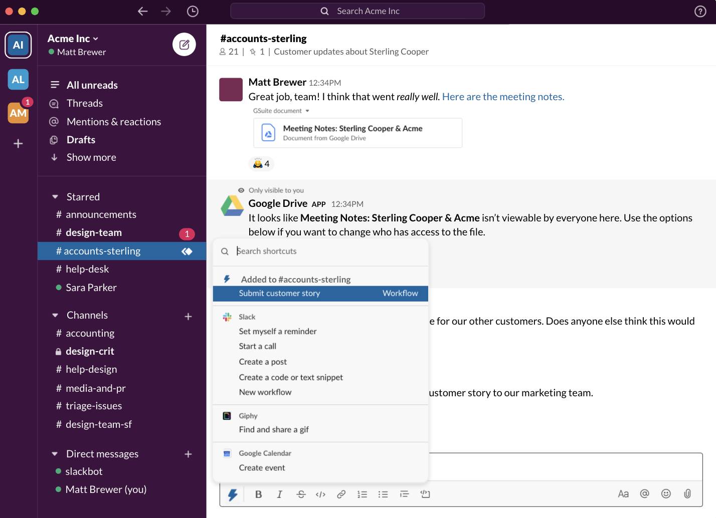 The Acme Inc workspace with a number of public and private channels, with #accounts-sterling channel highlighted and the Submit customer story workflow selected