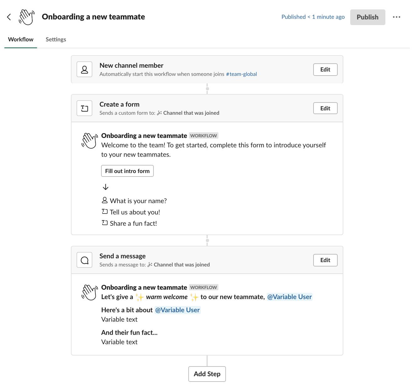 Onboard a new teammate workflow, with New channel member as the trigger, and Create a form and Send a message as subsequent steps