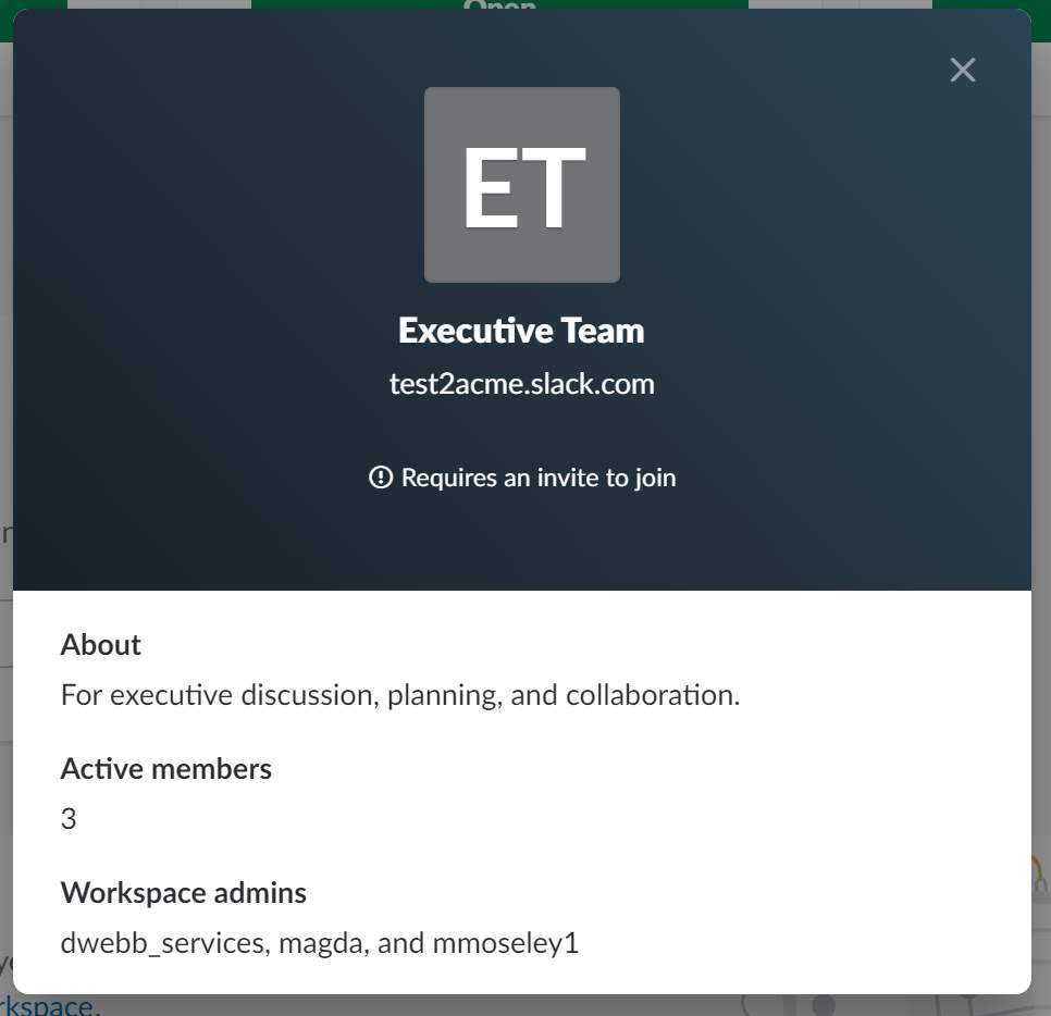 A Slack Invite Only window that states it requires an invite to join, workspace description, active members, and workspace admins.