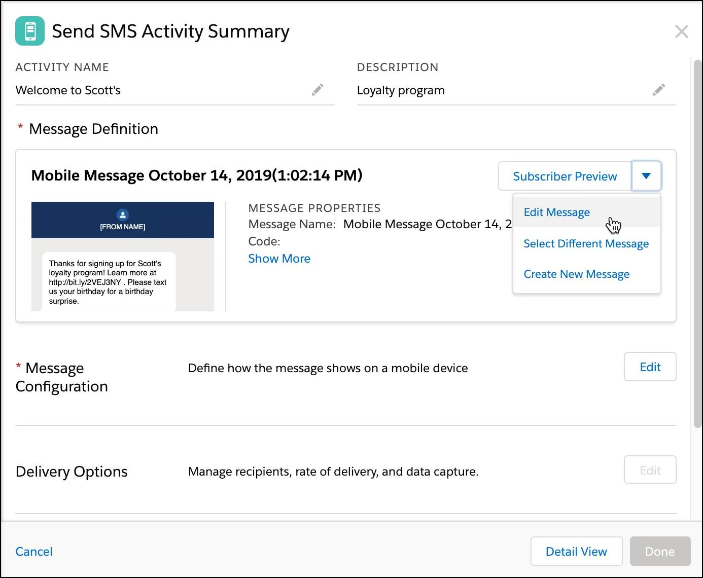 SMS Activity summary with Edit Message selected in the dropdown.